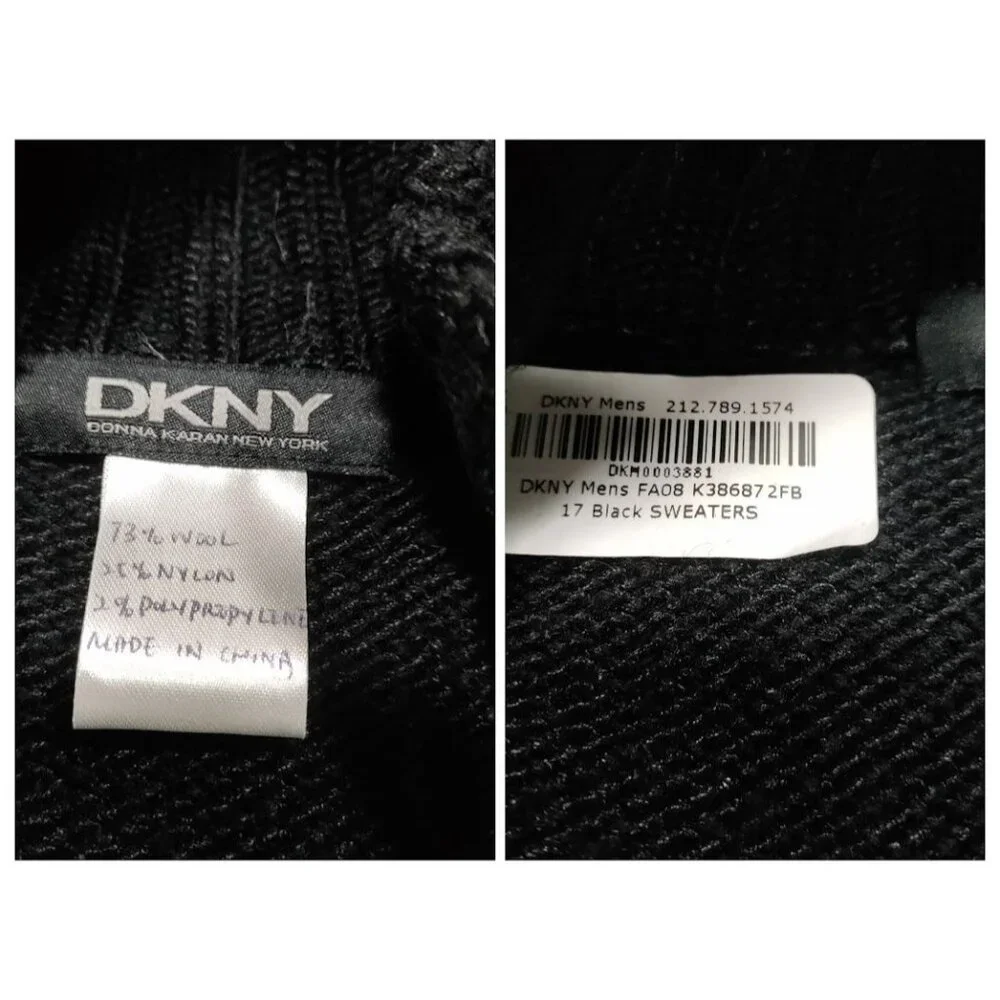 DKNY Classic Black Knit Sweater Men's Medium Button Zipper Front Pockets Ribbed - Picture 7 of 10